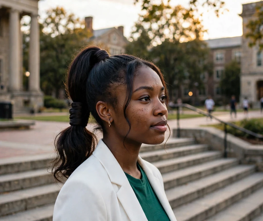 Black woman with a sleek high ponytail with wrapped base on university steps