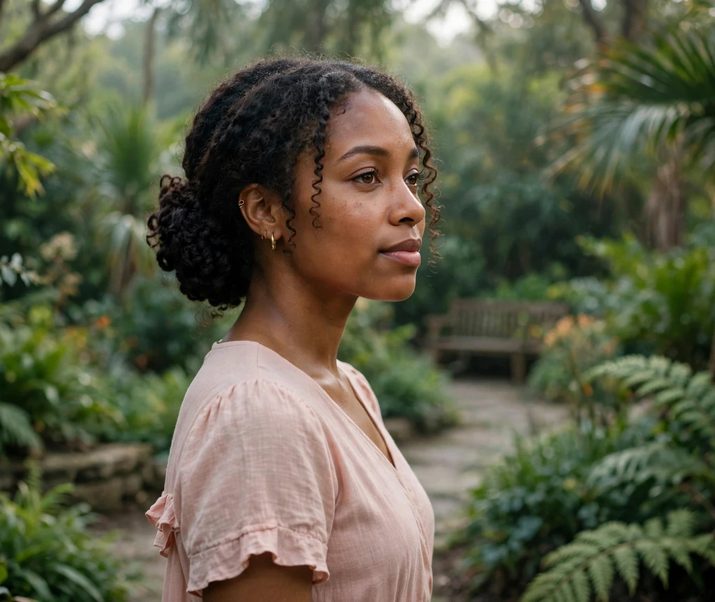 Black woman with natural coils in an elegant low chignon in a garden