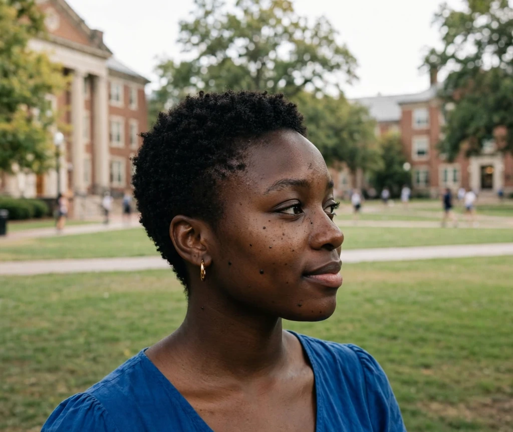 Black woman with a short natural tapered coil cut on a campus lawn