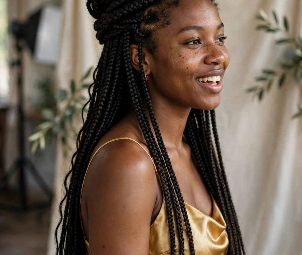 Black woman with waist-length box braids in a crown updo in a photo studio