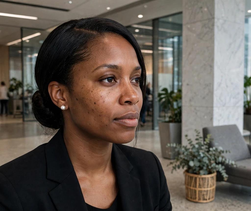 Black woman with a sleek low bun with a side part in an office lobby