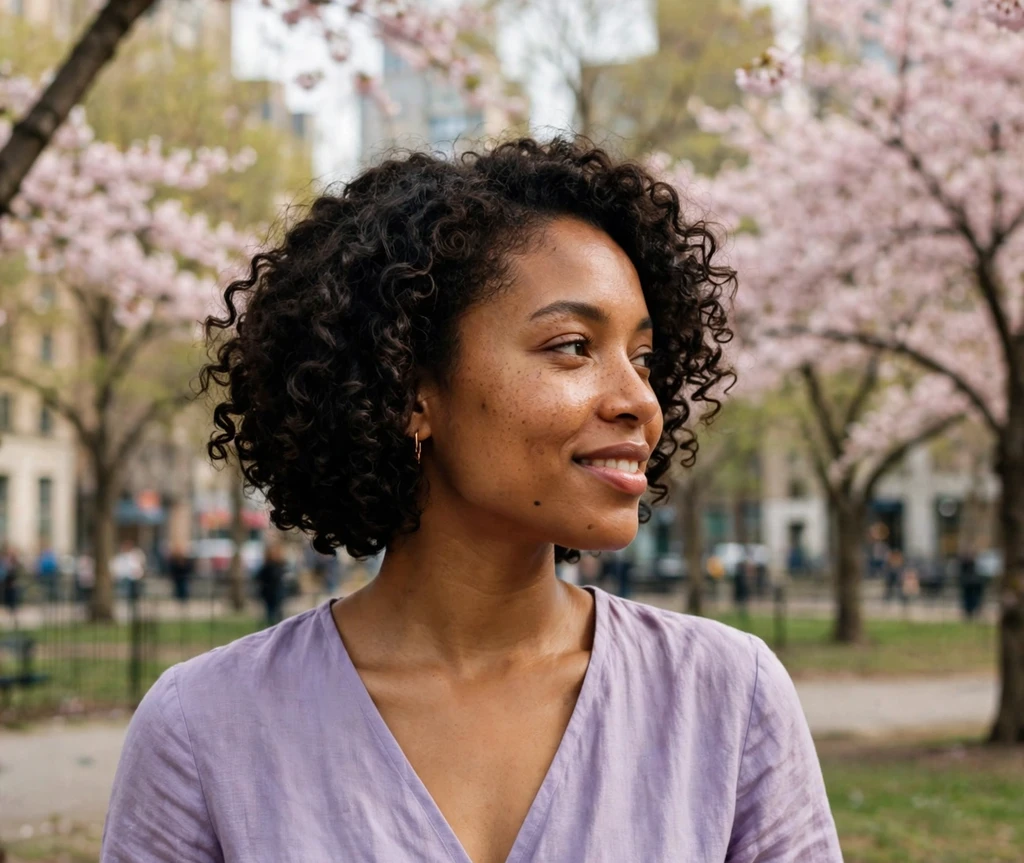 Black woman with a defined wash-and-go curly bob in a park