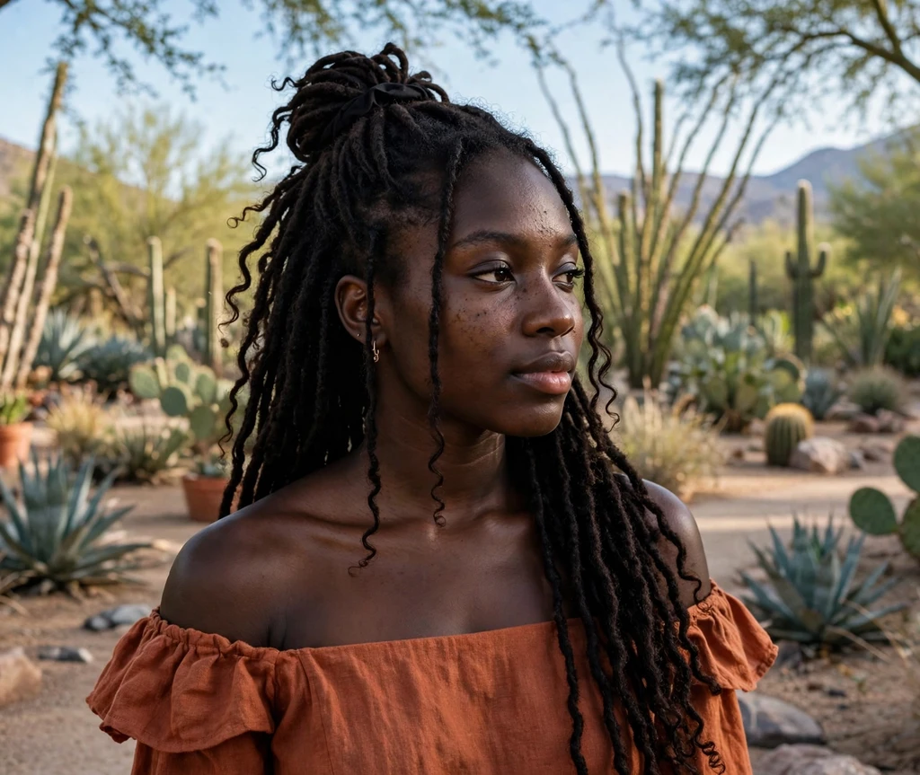 Black woman with goddess locs in a half-up style in a botanical garden