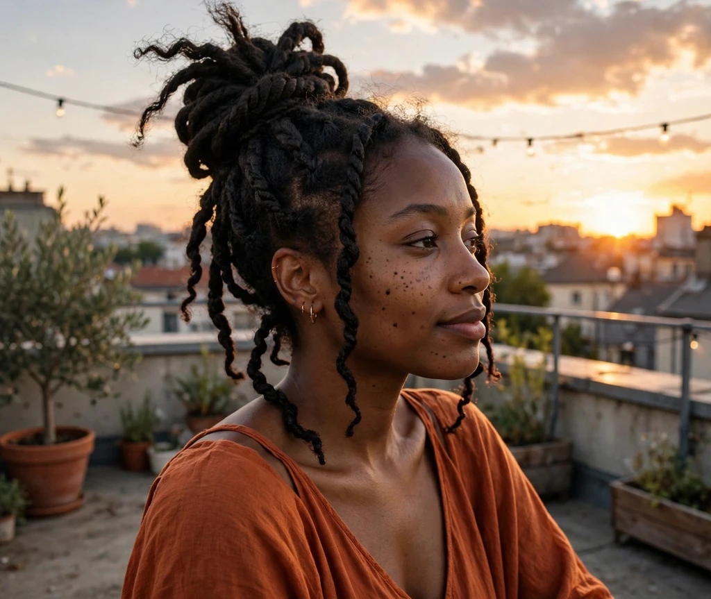 Black woman with silk-pressed side-swept waves at a cafe