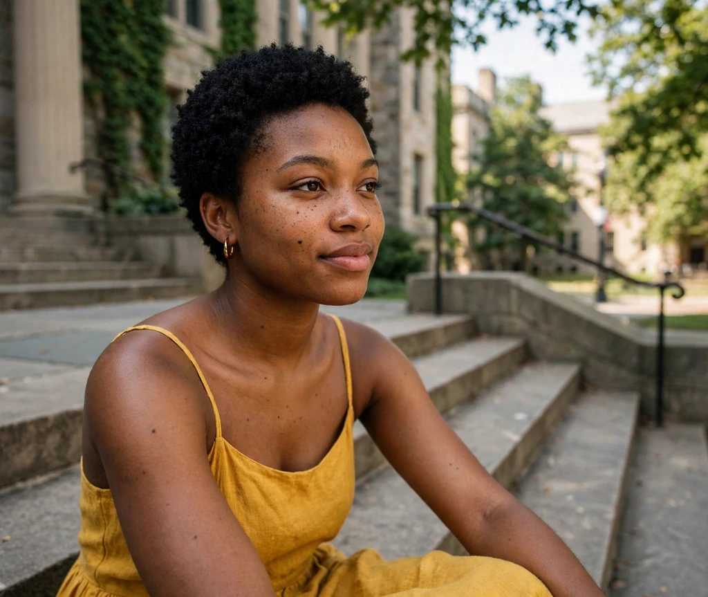 Black woman with jumbo twists in a high bun on a rooftop