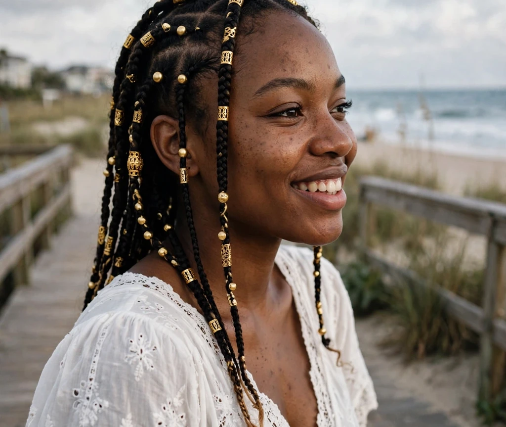 Black woman with defined teeny-weeny afro coils on library steps