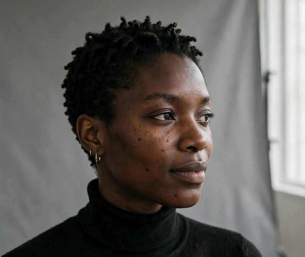 Black woman with natural hair slicked back into a low ponytail in an art gallery