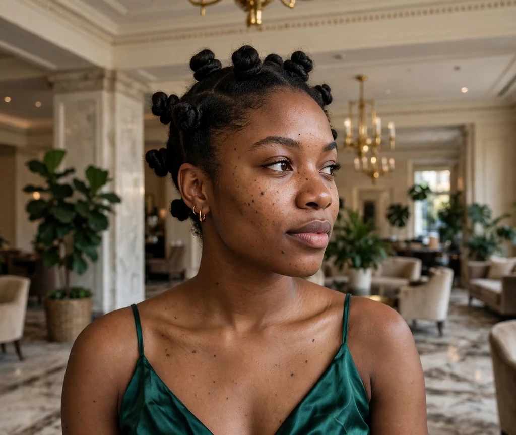 Black woman with knotless braids in a top bun in a university courtyard