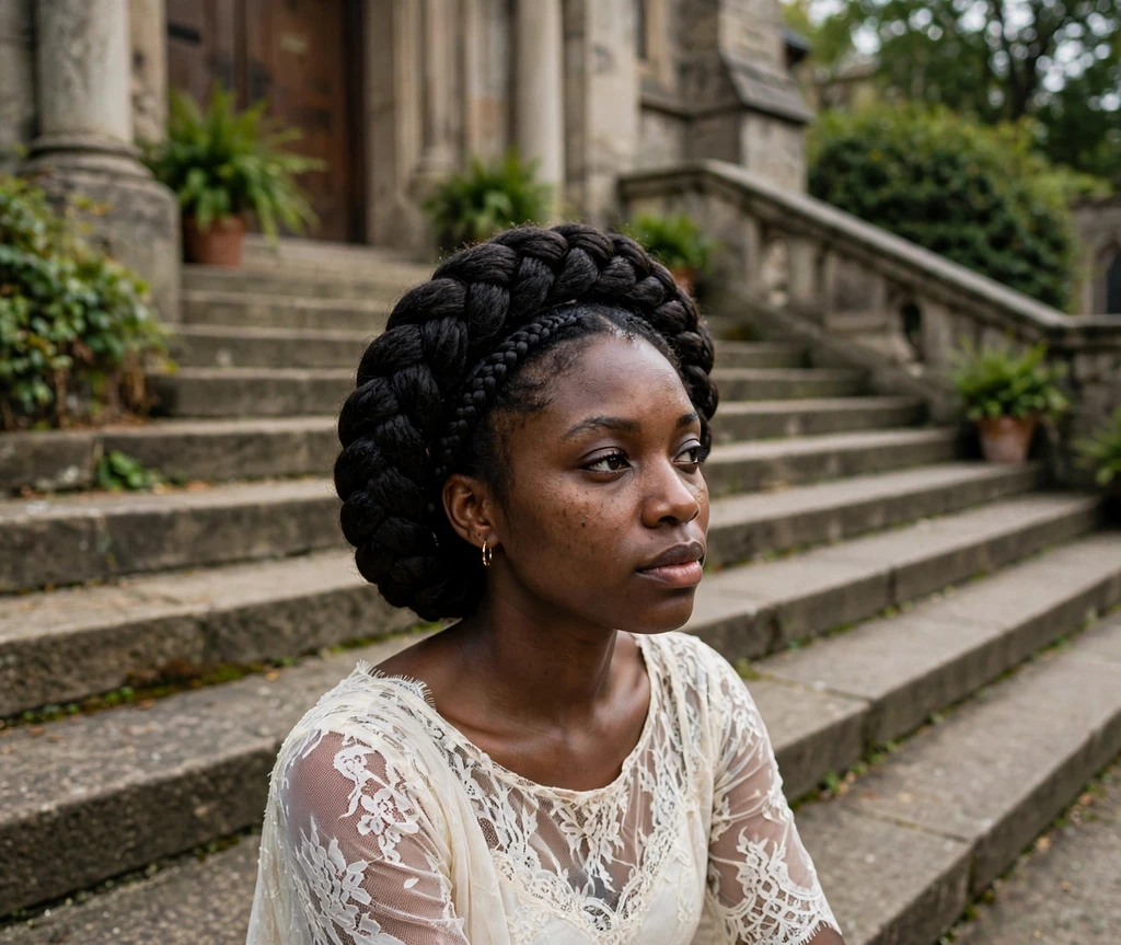 Black woman with a silk-pressed lob with curled ends at a coffee shop