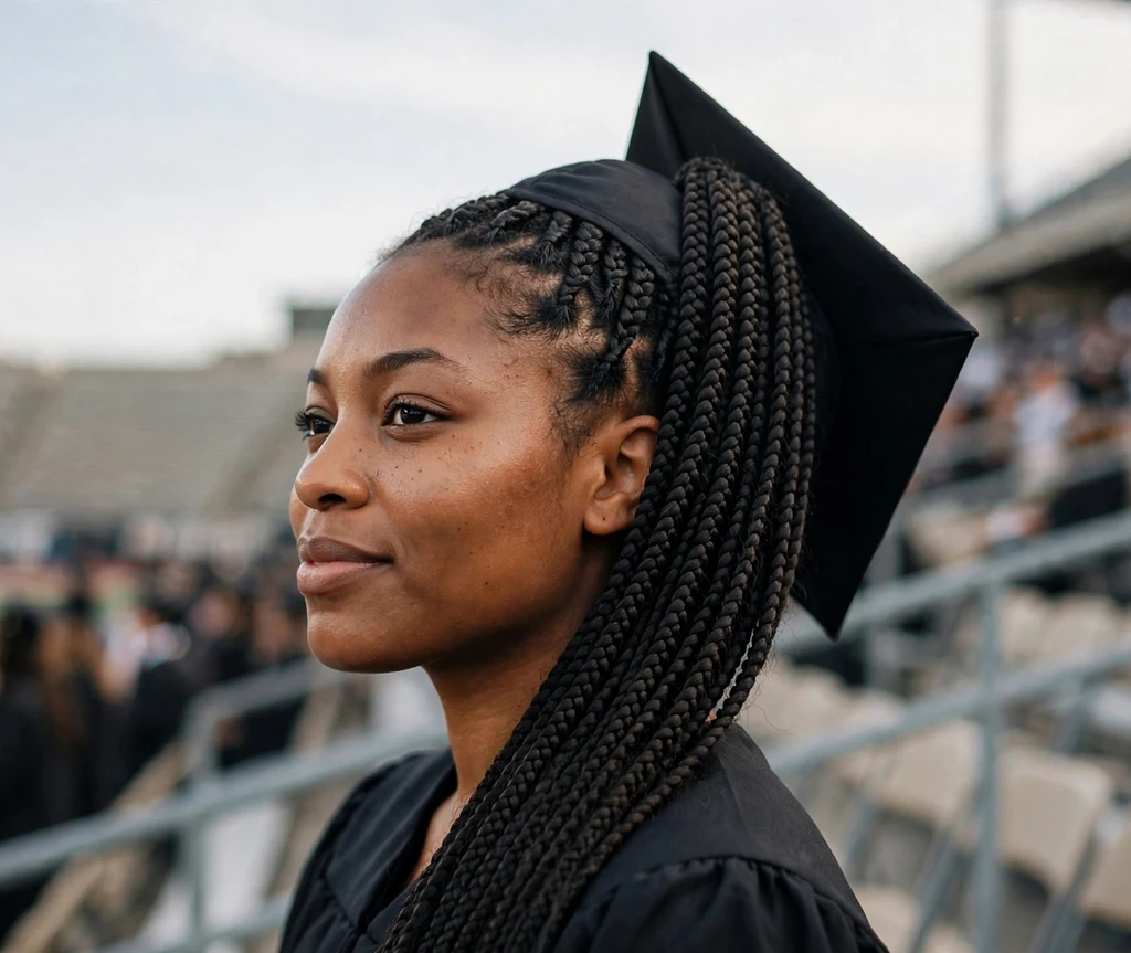 Black woman with side-swept cornrows with curly ends on bleachers