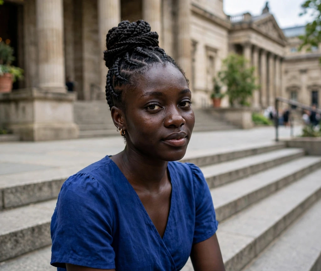 Black woman with natural hair in an elegant french roll at a ballroom