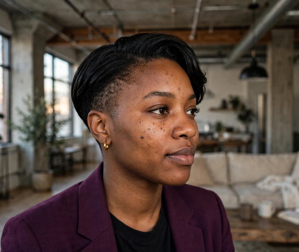 Black woman with feed-in braids in a sculpted high bun on museum steps