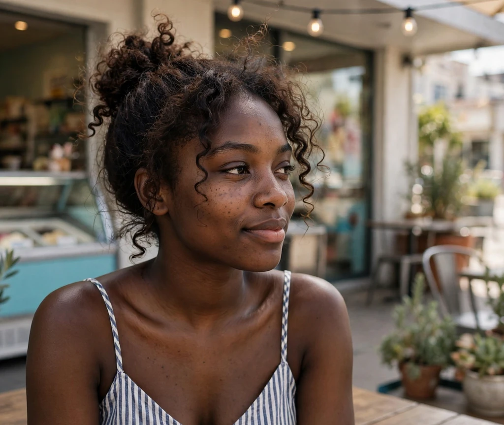 Black woman with locs in a low chignon in a greenhouse