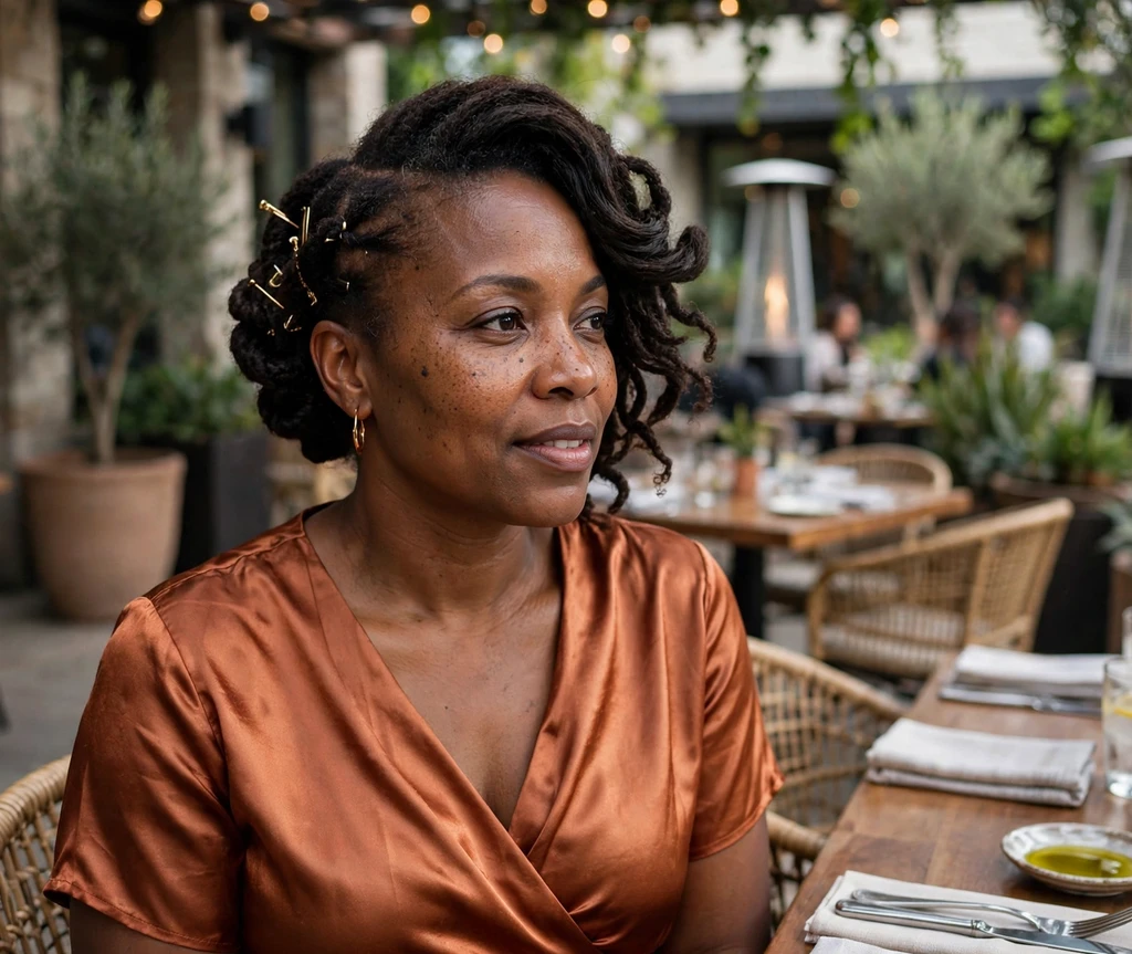 Black woman with straight-back stitch braids in a low ponytail wearing a gown