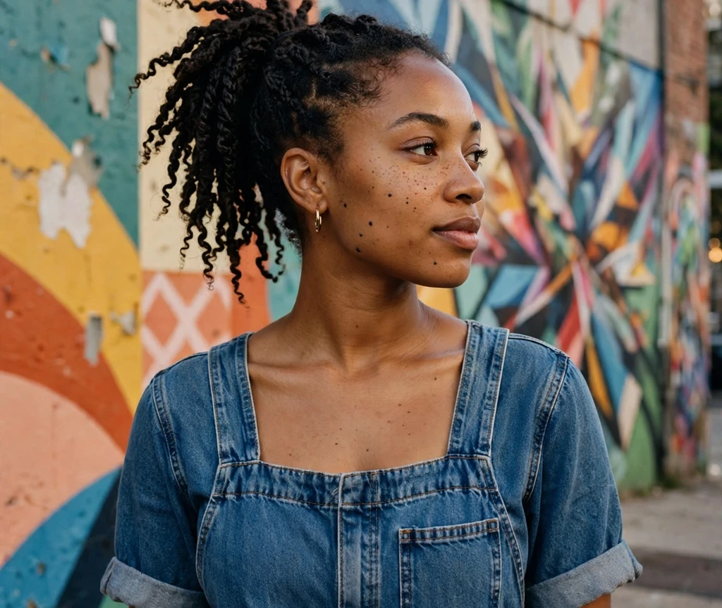 Black woman with a pinned twist-out with side sweep on a restaurant patio