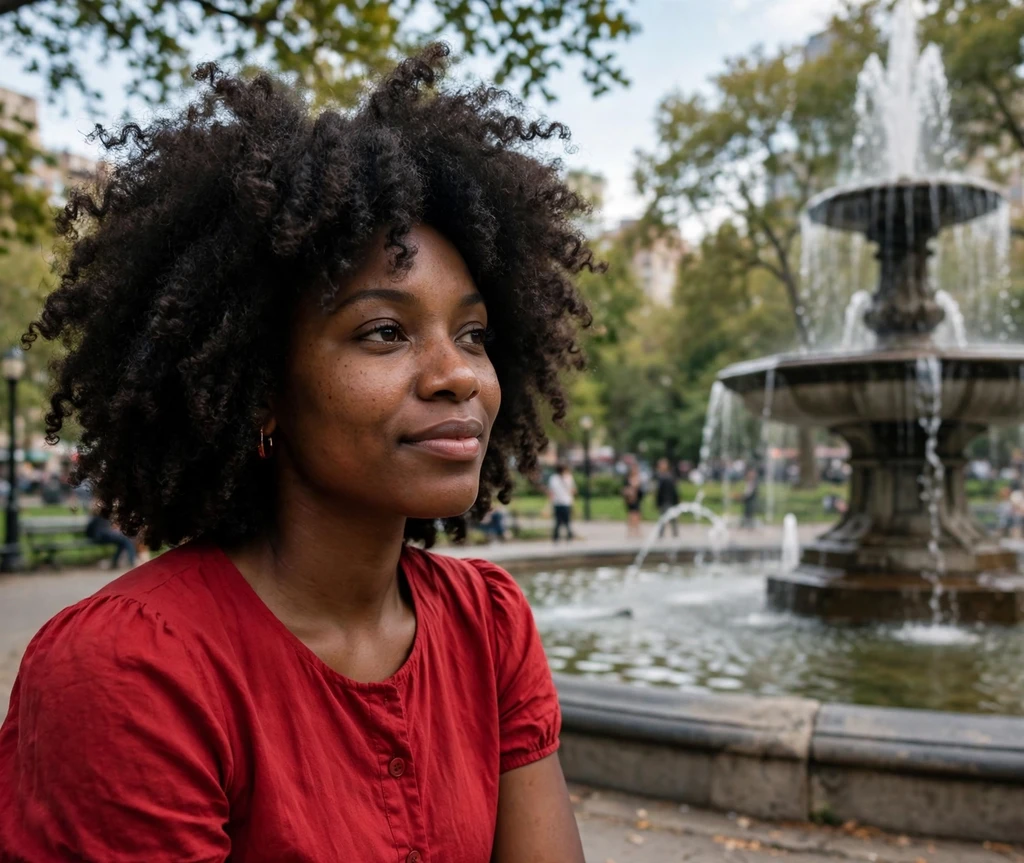 Black woman with silk-pressed curls and a pearl headband under a garden arch