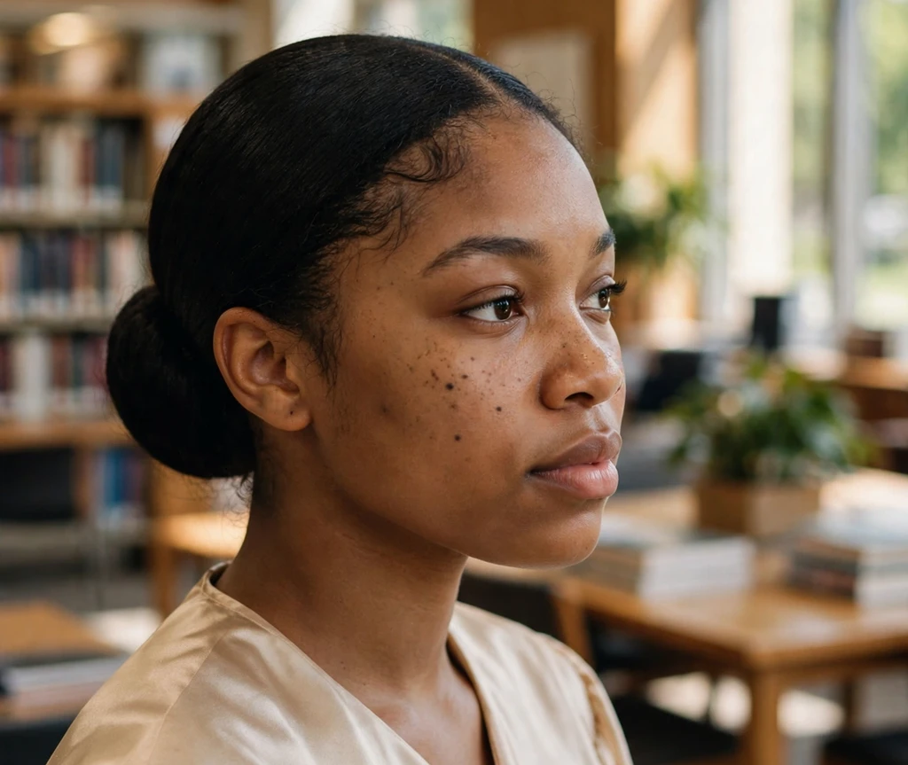 Black woman with a classic sleek low bun with center part in a library