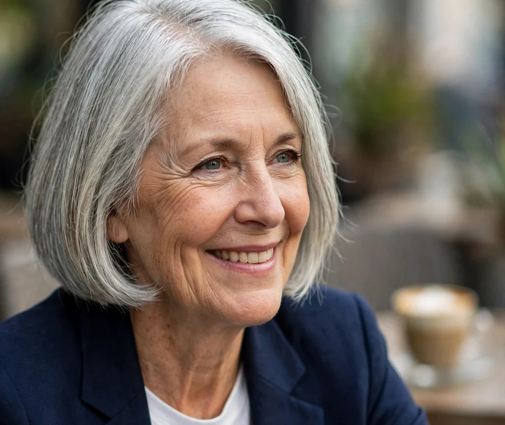 Classic chin-length silver bob hairstyle on an older woman