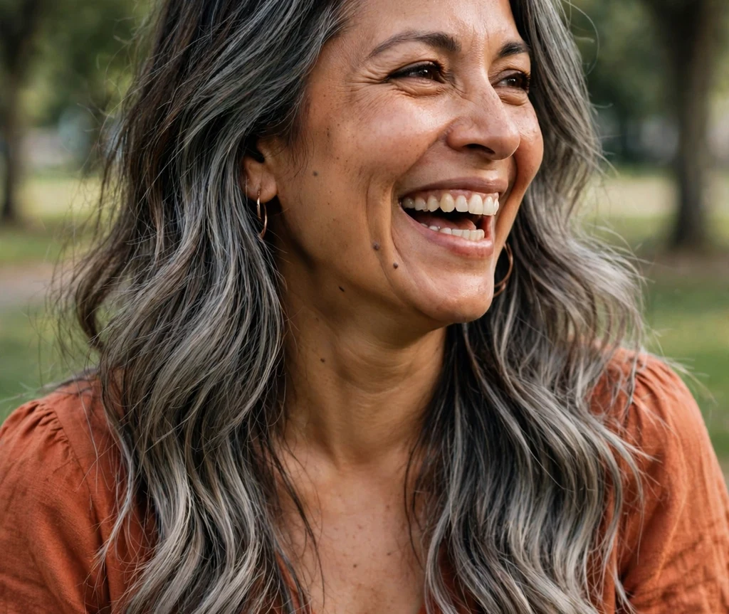 Long gray balayage waves blending dark roots into silver ends