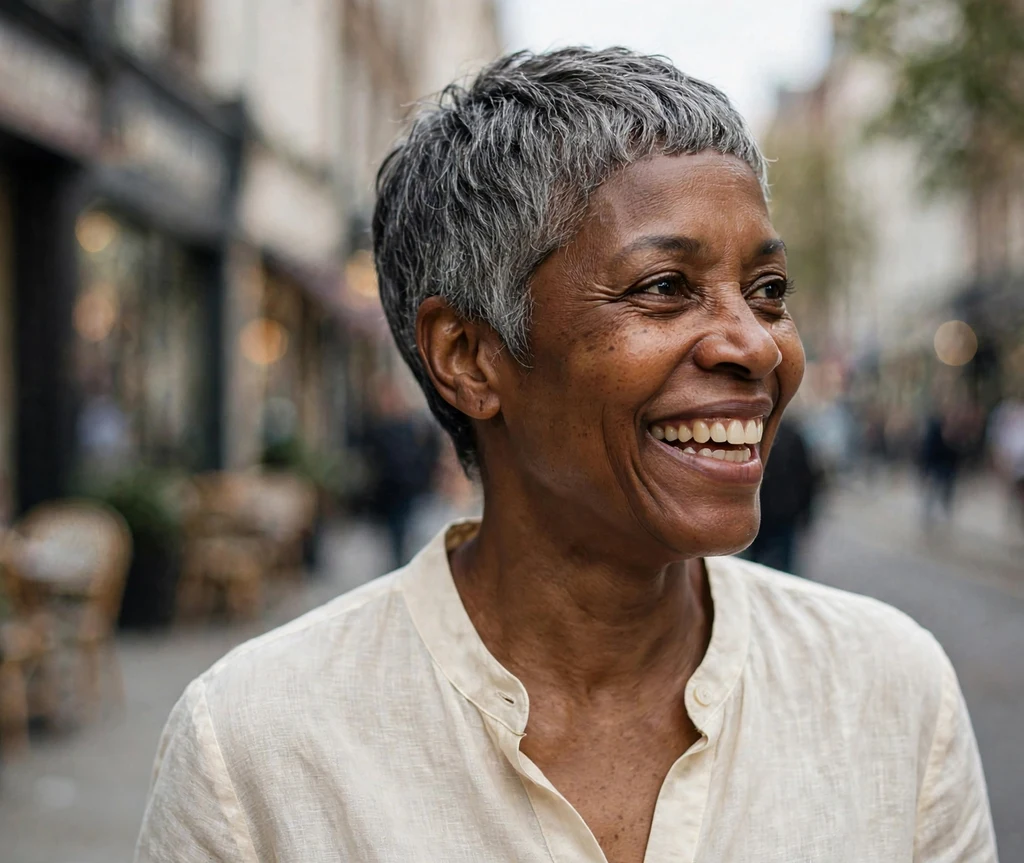 Short salt-and-pepper pixie cut on a smiling woman
