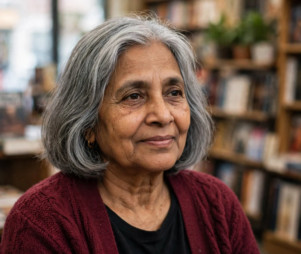Steel gray lob haircut in a bookstore setting