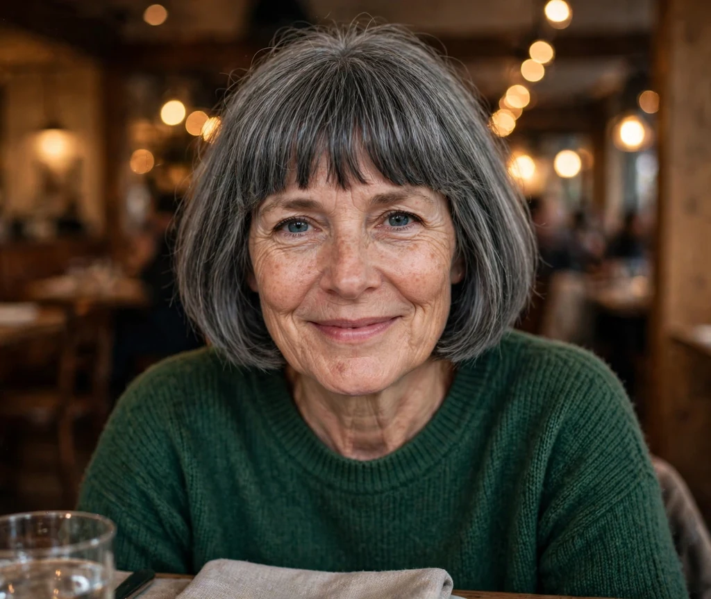 Charcoal gray bob with full bangs