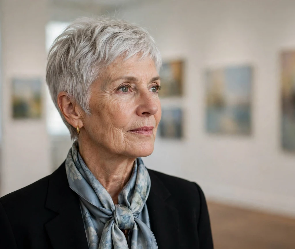 Platinum silver pixie cut on an elegant older woman