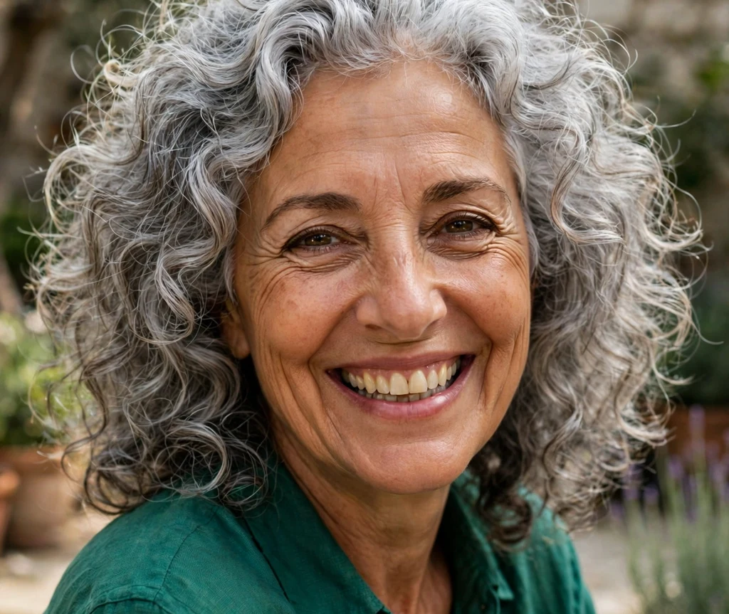 Voluminous silver curls on a joyful woman