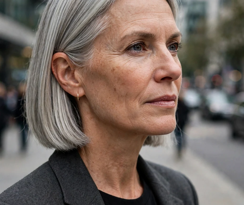 Sleek straight silver bob tucked behind the ears
