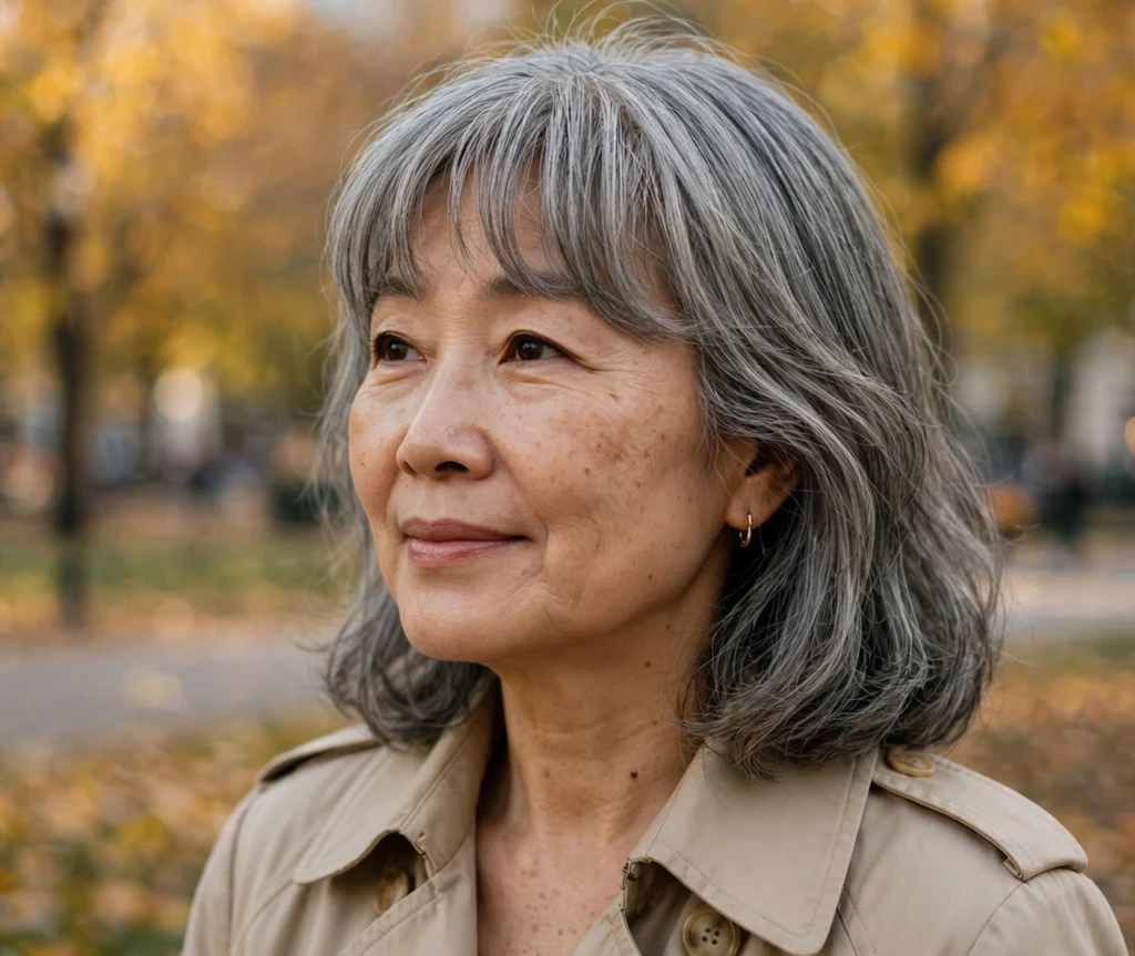 Gray lob haircut with soft curtain bangs