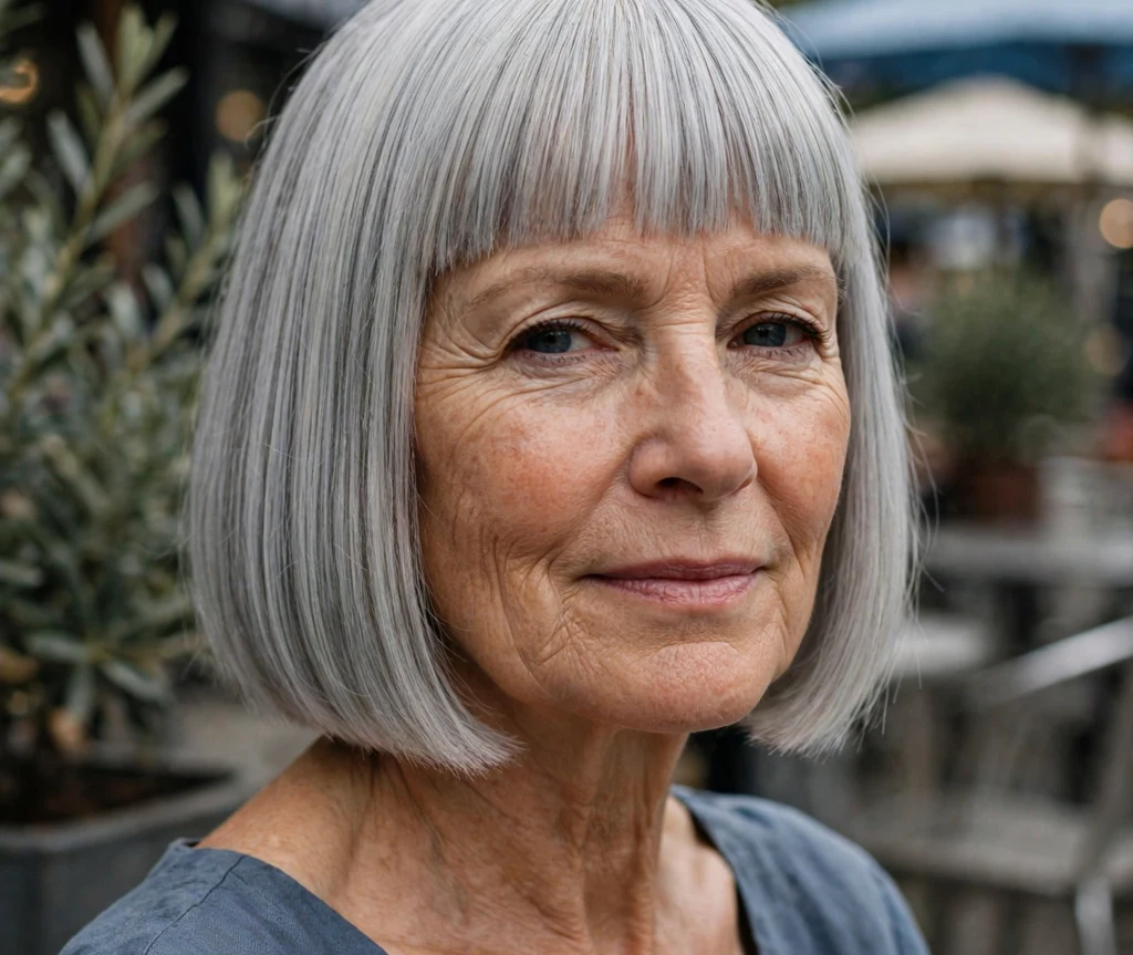 Icy gray blunt bob hairstyle