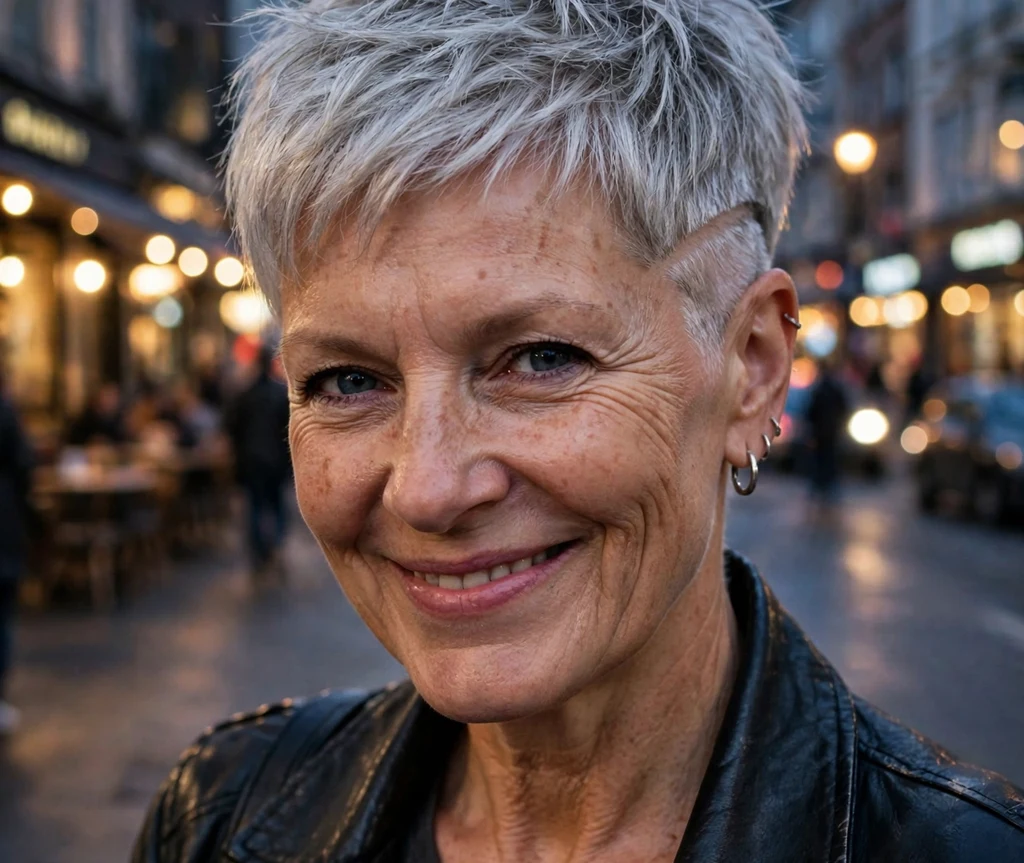 Silver pixie cut with a subtle undercut