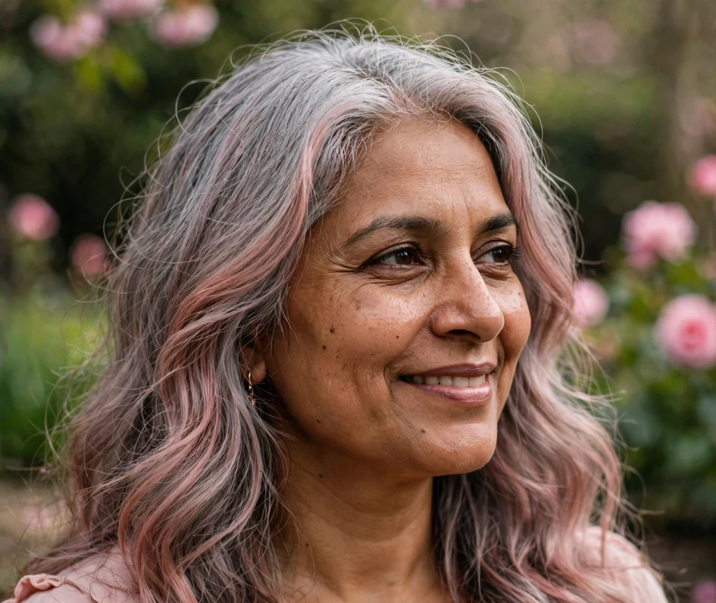 Silver gray hair with a soft rose-pink tint