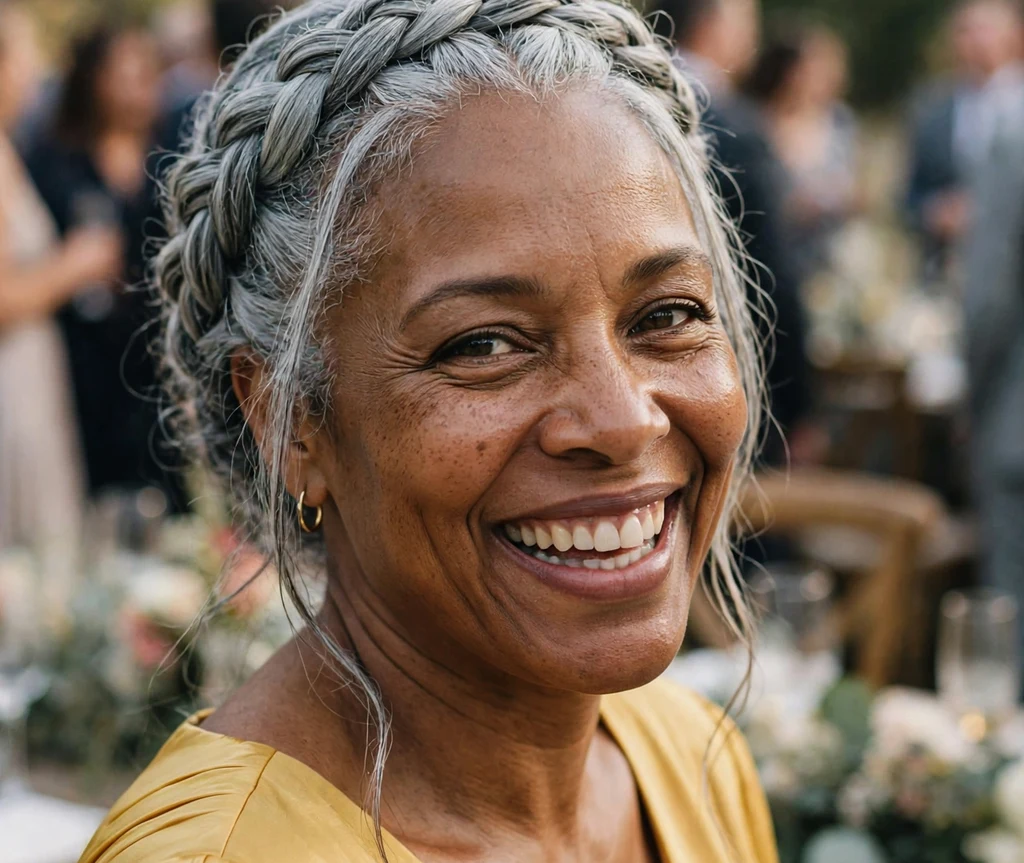 Gray hair styled in an elegant braided crown updo