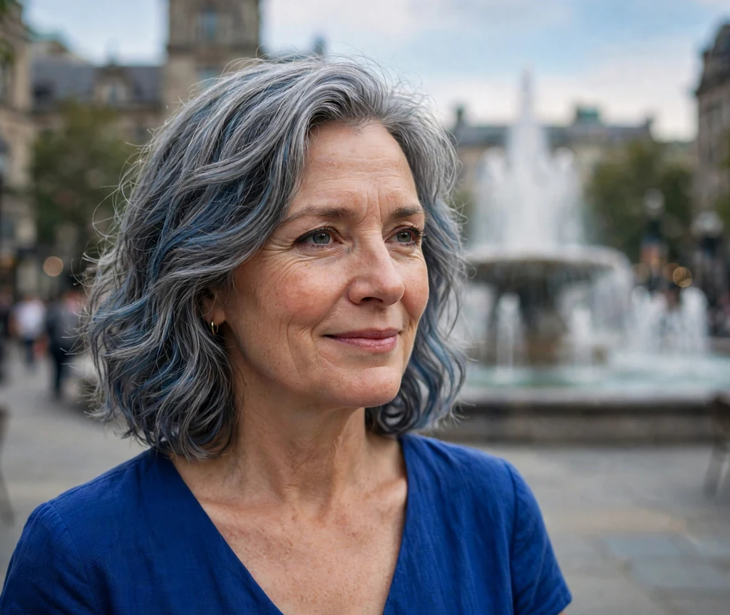 Gray hair with subtle blue tones in a wavy lob