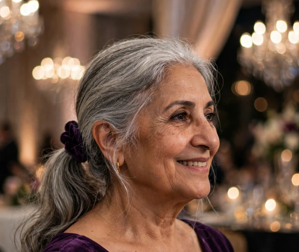 Elegant low ponytail in silver gray hair