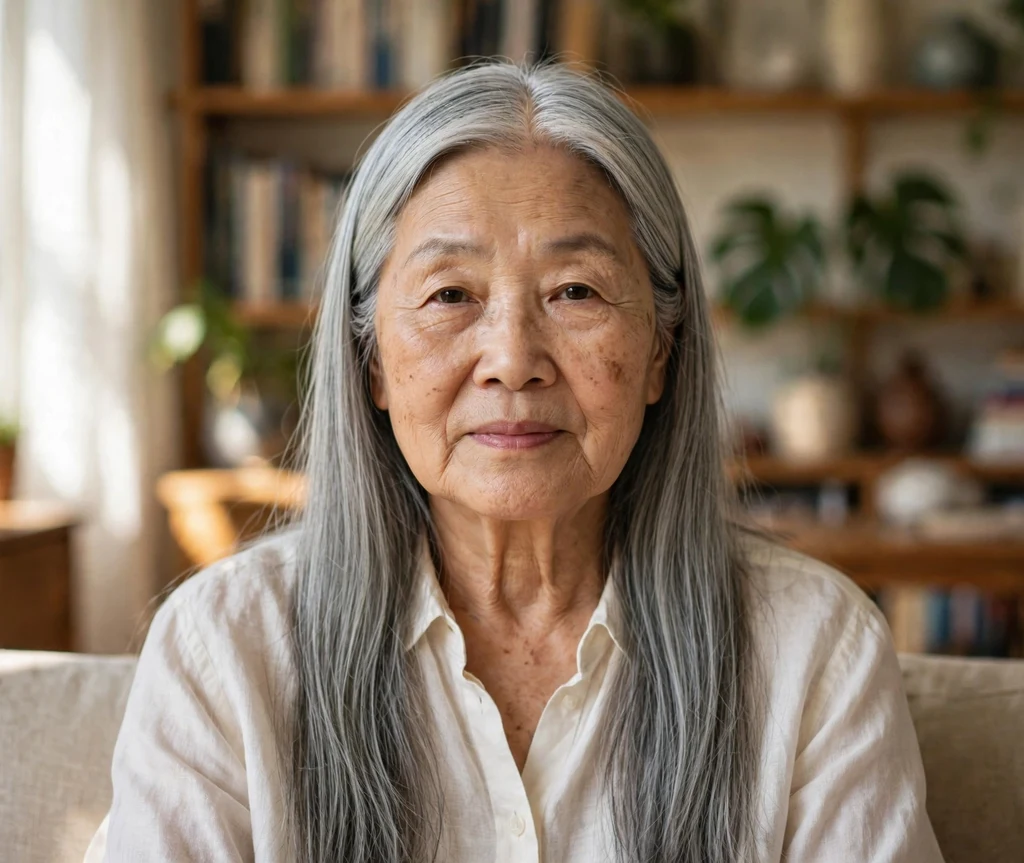 Long straight silver hair with a middle part