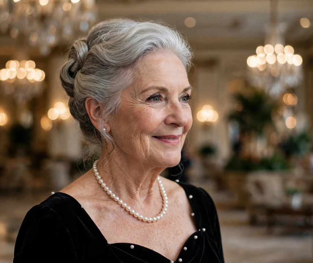 Silver French twist updo on an elegant woman