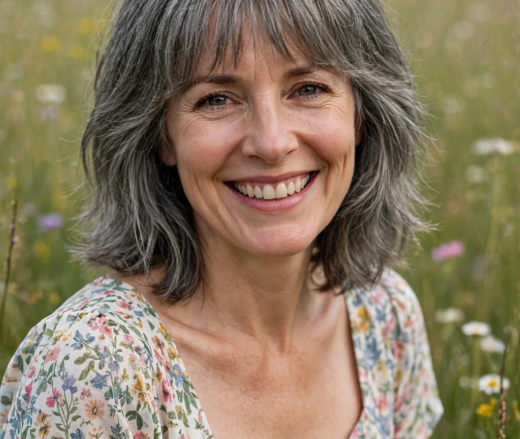 Layered gray hair with wispy soft bangs