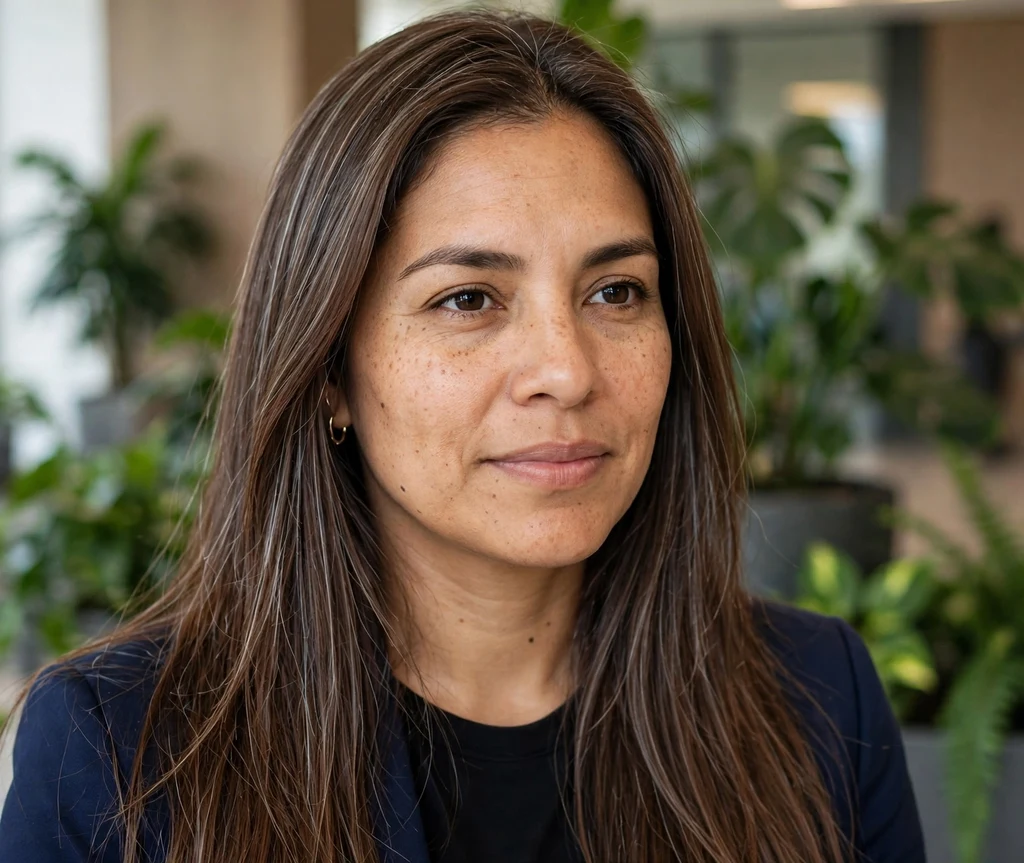 Latina woman in her early 30s with long straight chocolate-brown hair and fine silver babylight grey blending highlights, office lobby background