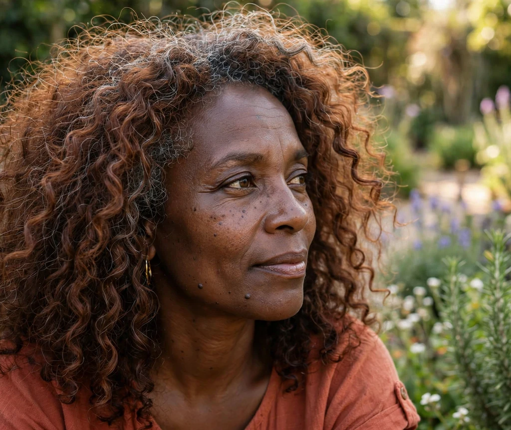 Black woman in her mid 40s with voluminous curly auburn-brown hair and grey teasylight blending highlights, sunlit garden background