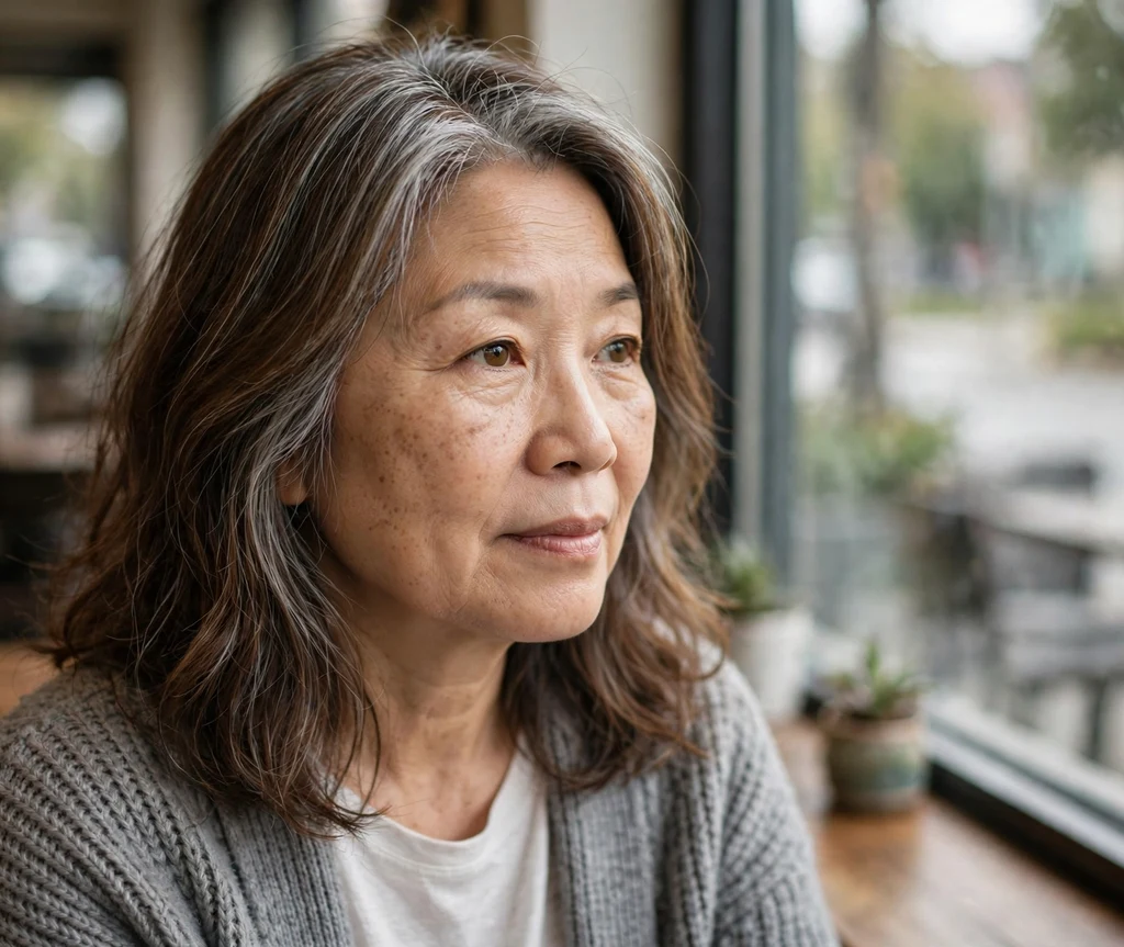 East Asian woman in her early 50s with shoulder-length medium-brown hair and a smudged silver root grey blending technique, cafe window background