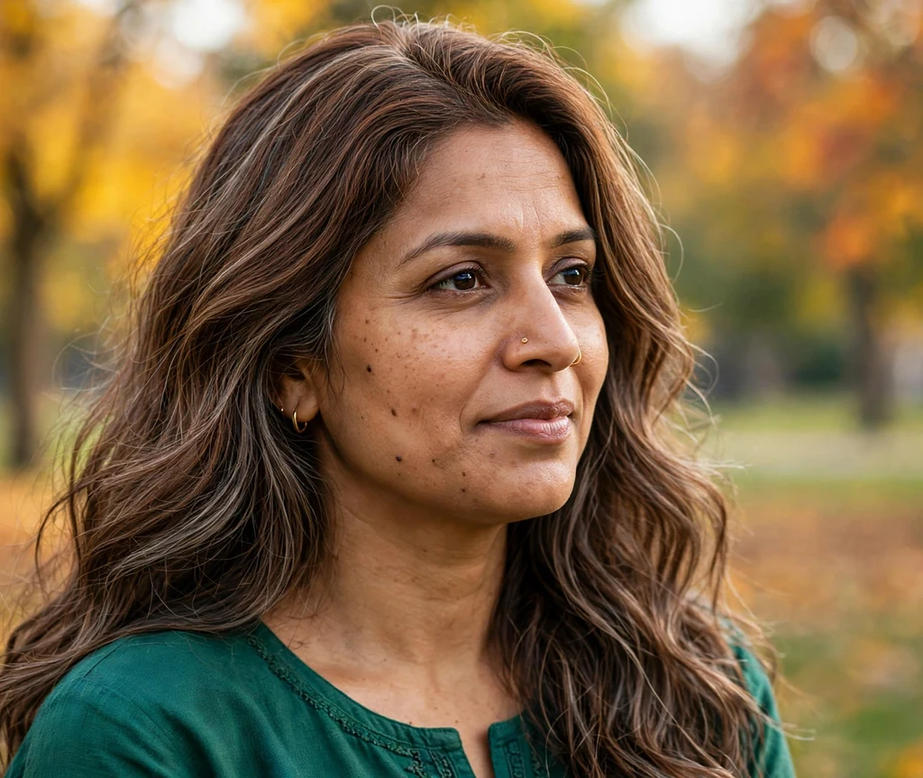 South Asian woman in her mid 30s with long wavy mocha-brown hair and silver-gray ribbon balayage highlights, autumn park background