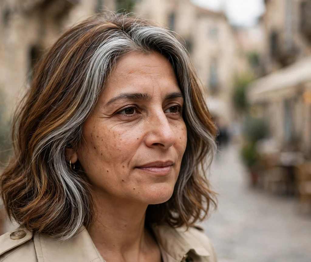 Middle Eastern woman in her late 30s with a medium-brown lob and silver money-piece grey blending face-framing highlights, old-town street background