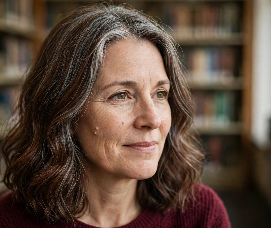 White woman in her early 50s with chestnut-brown shoulder waves and a silver shadow root grey blending at the part, library background