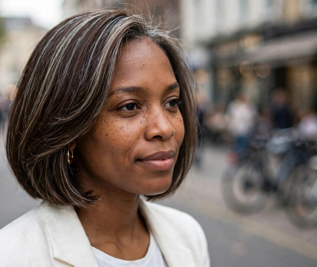 Black woman in her early 30s with a sleek espresso-brown bob and silver foil grey blending highlight strands, city street background