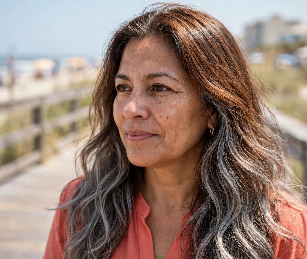 Latina woman in her late 40s with long milk-chocolate hair melting into soft blended gray ends, beach boardwalk background