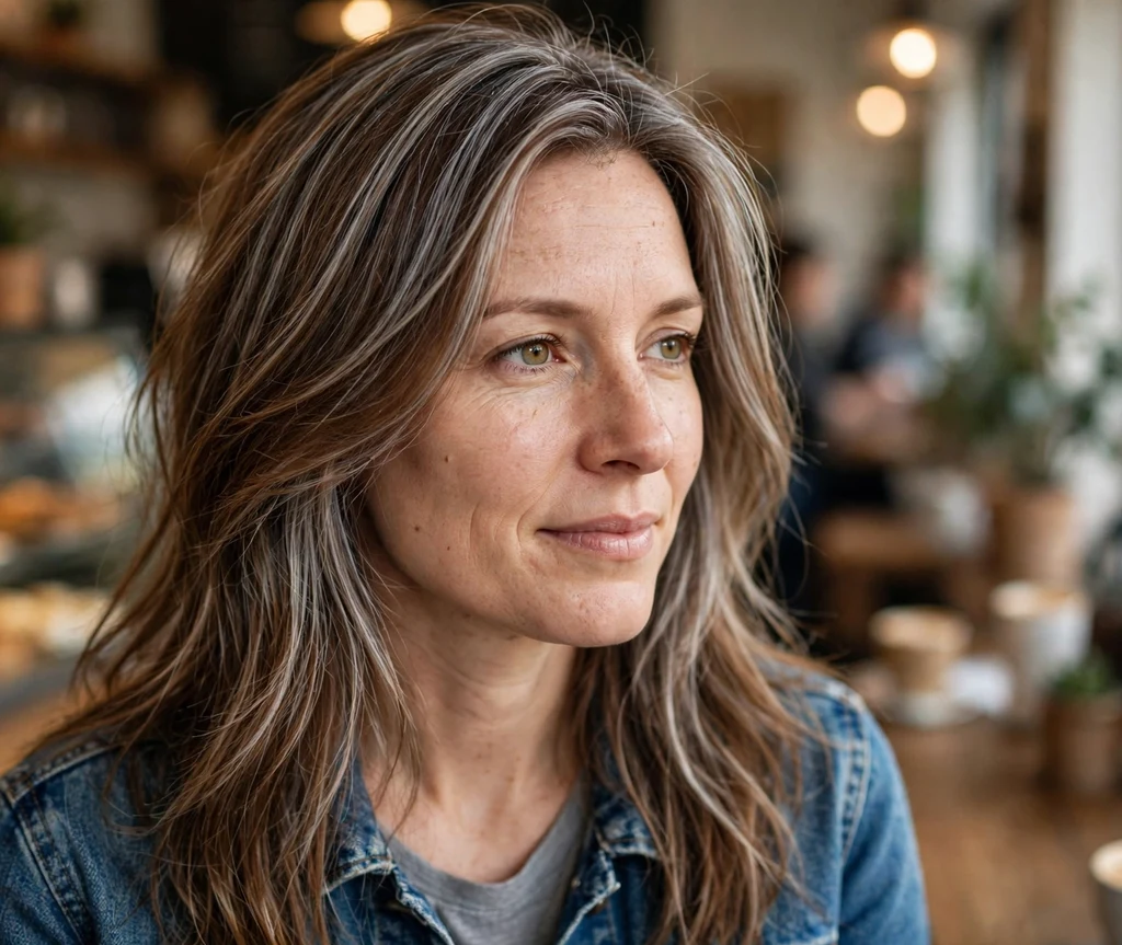 White woman in her mid 30s with cinnamon-brown long layered hair and silver pinwheel grey blending highlight sections, coffee shop background