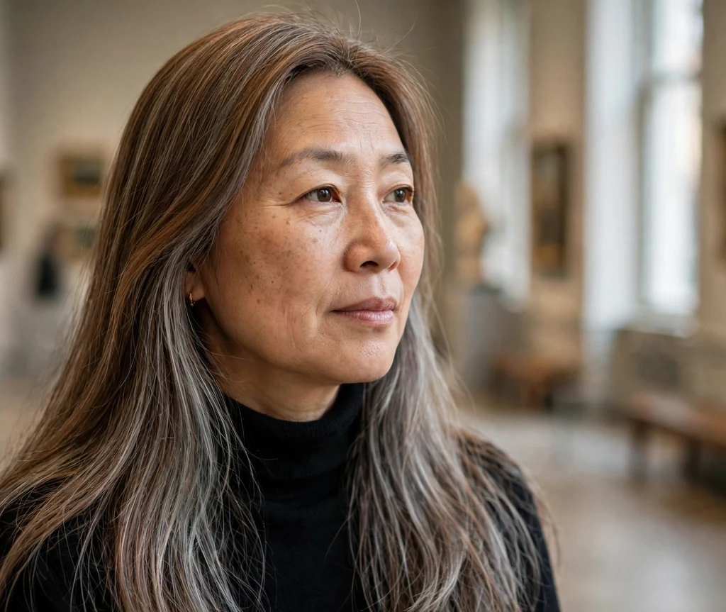 East Asian woman in her mid 40s with long straight medium bronze-brown hair transitioning into blended gray lengths, art museum background