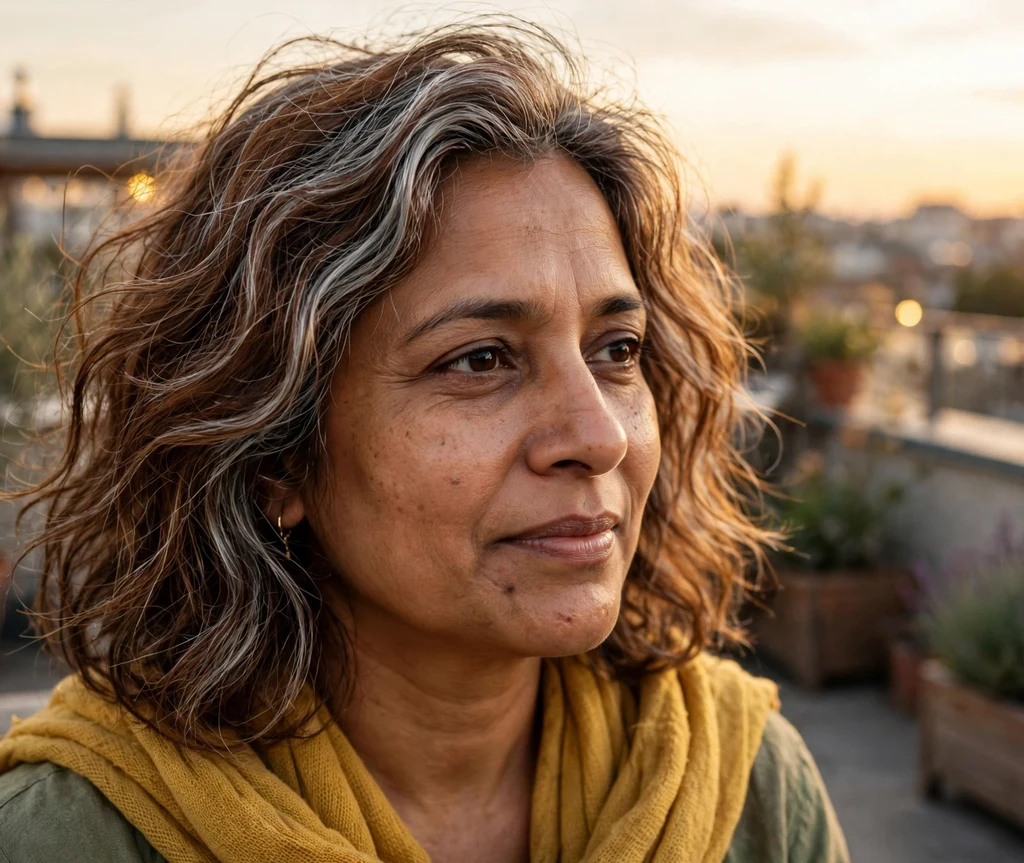 South Asian woman in her early 40s with hazelnut-brown wavy hair and chunky silver weave grey blending highlights, rooftop terrace background
